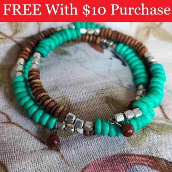 Wood Wooden Beads Beaded Memory Wire Bracelet Artisan Silver Tone RED BANNER - Picture 1 of 10